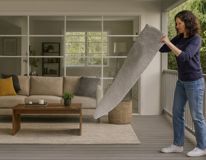 Woman shaking out a gray rug on a patio with dust dispersing, modern living room visible through glass windows.