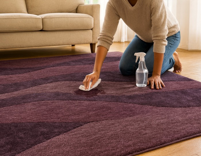 Person spot-cleaning a patterned carpet with a white cloth and spray bottle in a modern living room featuring a beige sofa and wooden floor.