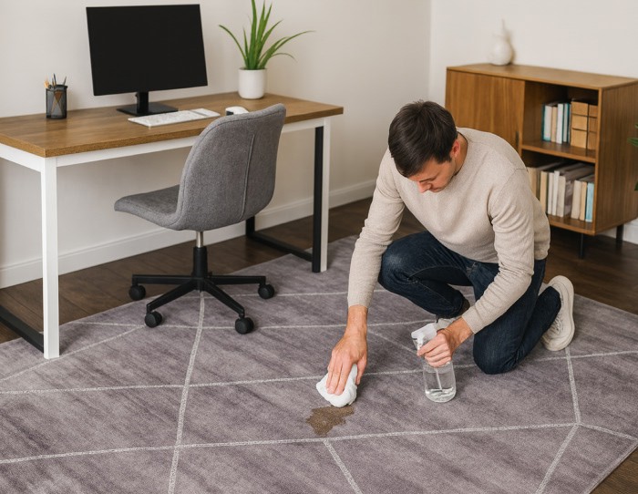 Person spot-cleaning a brown stain on a gray patterned carpet in a home office with desk, computer, and bookshelf.