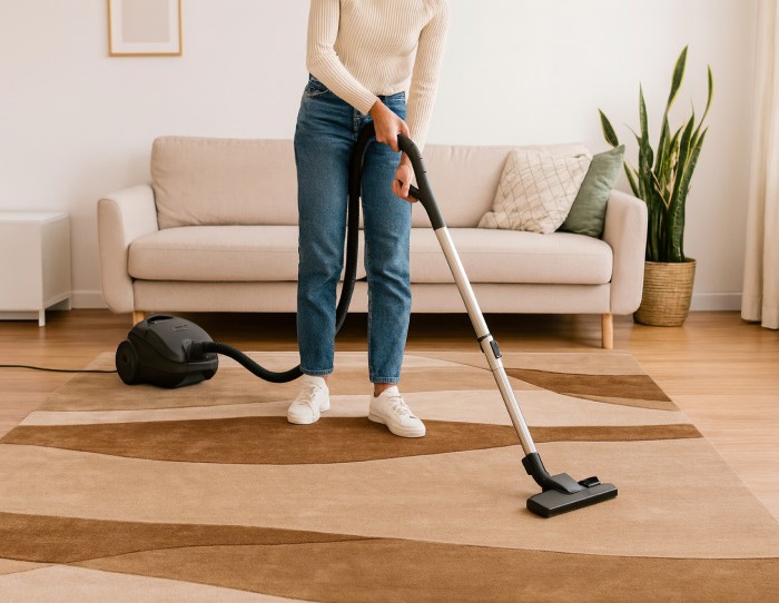 Person vacuuming a wave-patterned area rug in a modern living room with beige sofa, wooden floor, and potted plant.
