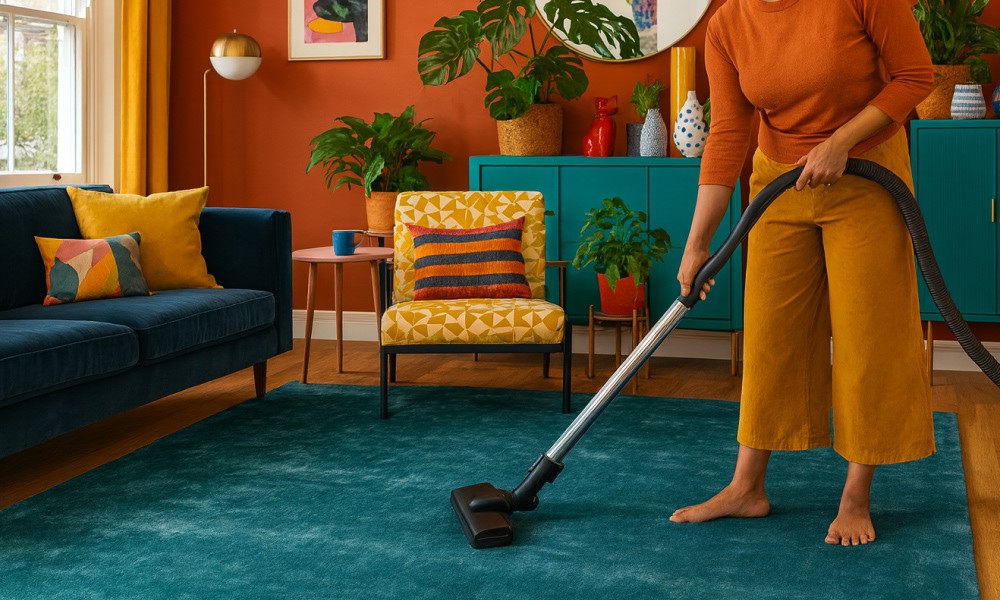 Barefoot person vacuuming a teal carpet in a vibrant, mid-century modern living room with bold colors and lush indoor plants