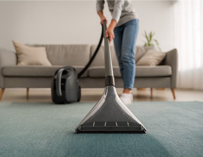 Person using a carpet cleaning machine on a blue carpet in a bright living room with gray sofa and natural light.