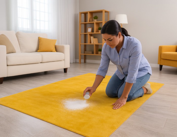 Person sprinkling white cleaning powder on a bright yellow carpet in a modern living room with beige sofa and natural light.