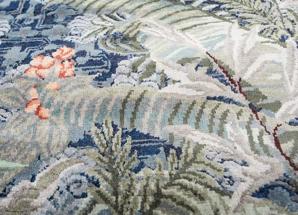 inde rose blue wool and silk hand knotted Rug - CloseUp