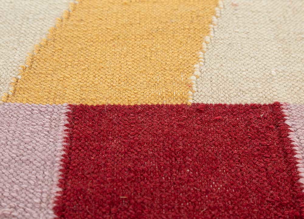 checkers red and orange wool flat weaves Rug - CloseUp
