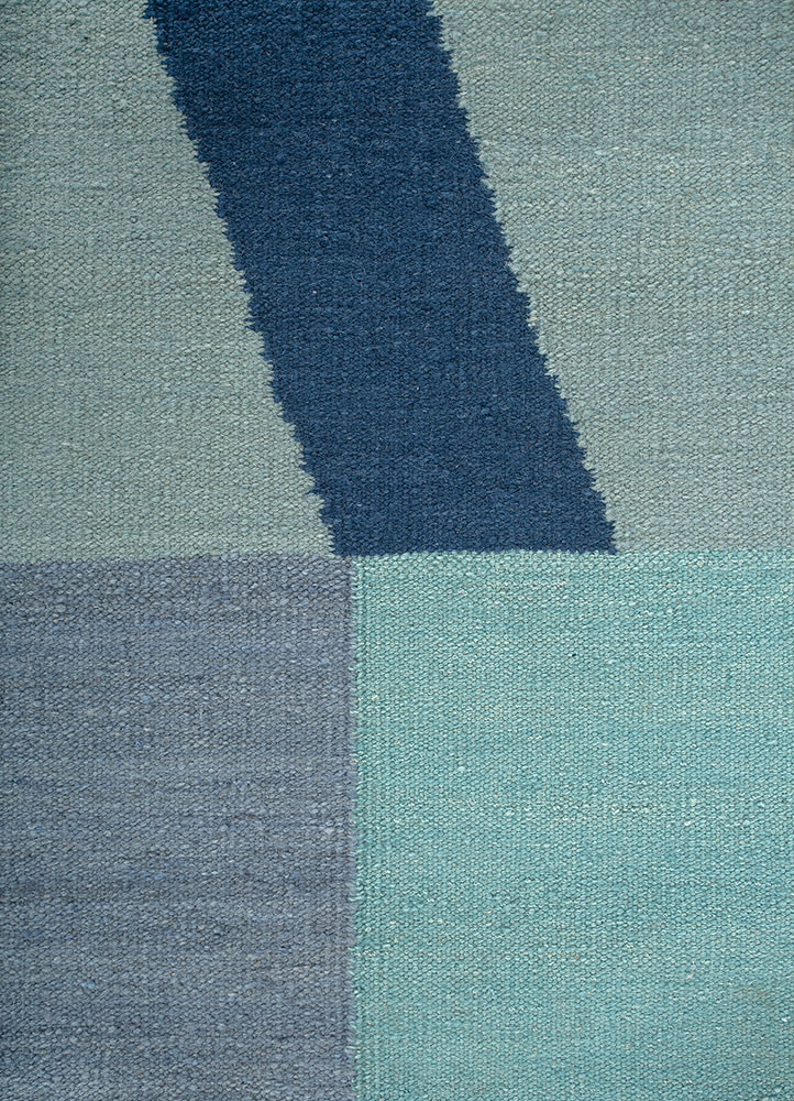 checkers blue wool flat weaves Rug - CloseUp