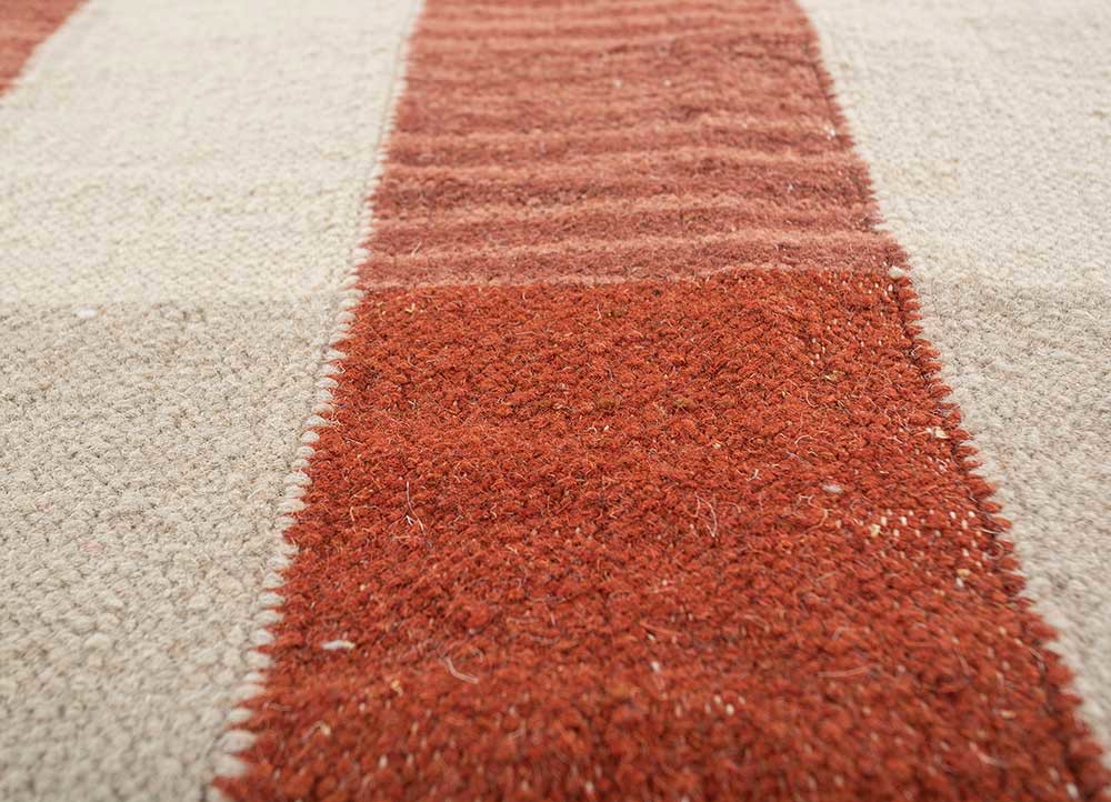 checkers red and orange wool flat weaves Rug - CloseUp