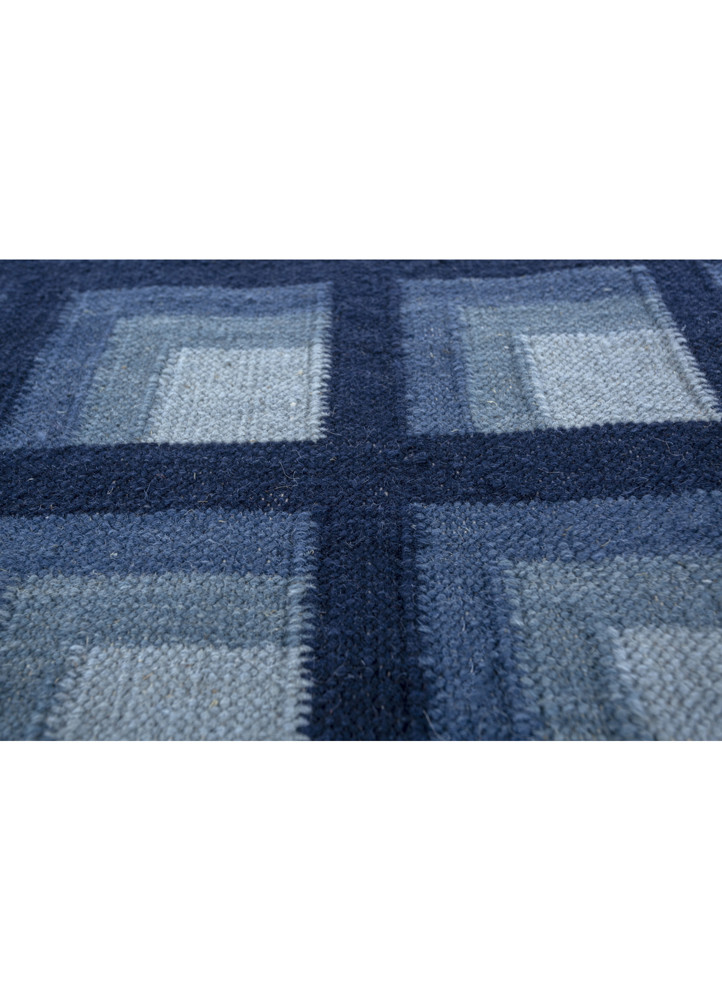 checkers blue wool flat weaves Rug - CloseUp