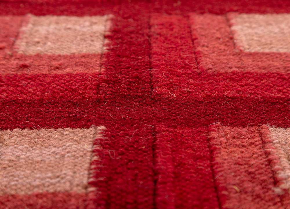 checkers red and orange wool flat weaves Rug - CloseUp