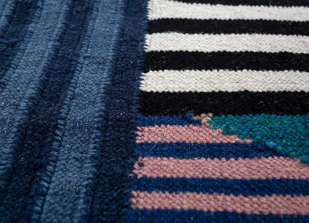 checkers blue wool flat weaves Rug - CloseUp checkers blue wool flat weaves Rug - CloseUp