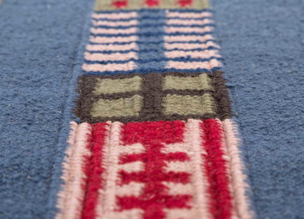 checkers blue wool flat weaves Rug - CloseUp