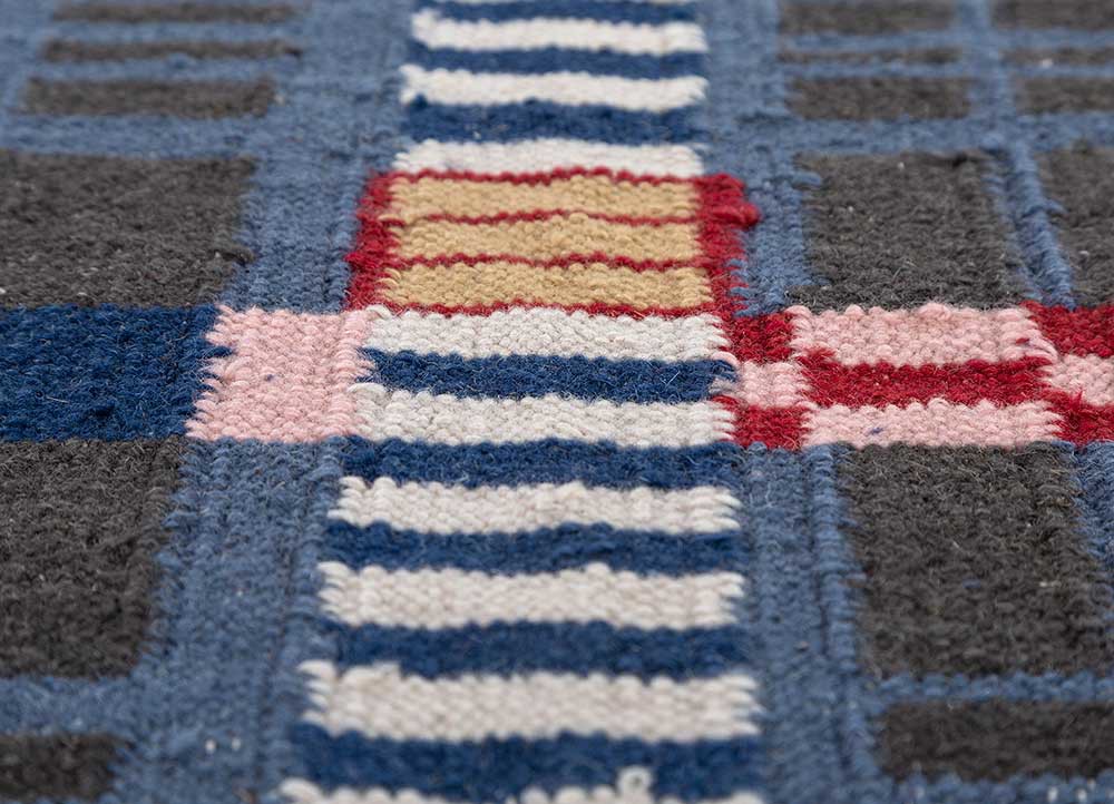 checkers blue wool flat weaves Rug - CloseUp