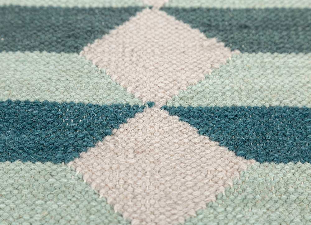 checkers blue wool flat weaves Rug - CloseUp