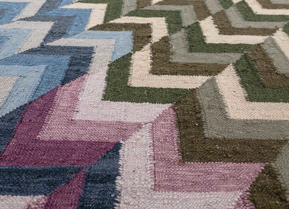 checkers blue wool and viscose flat weaves Rug - CloseUp