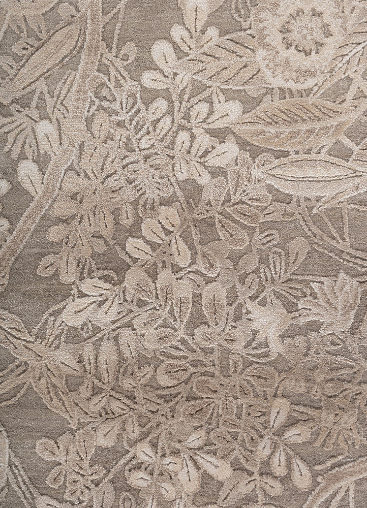 pansy beige and brown wool and bamboo silk hand knotted Rug - CloseUp