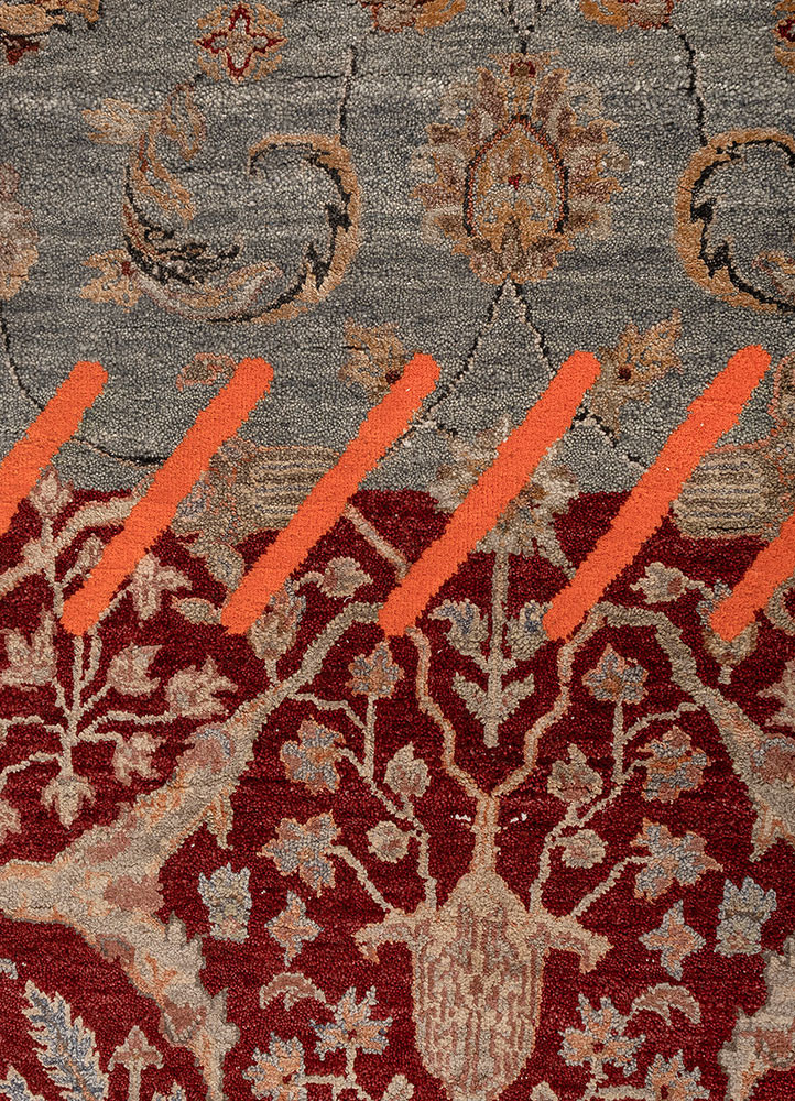 playing with tradition red and orange wool and silk hand knotted Rug - CloseUp playing with tradition red and orange wool and silk hand knotted Rug - CloseUp