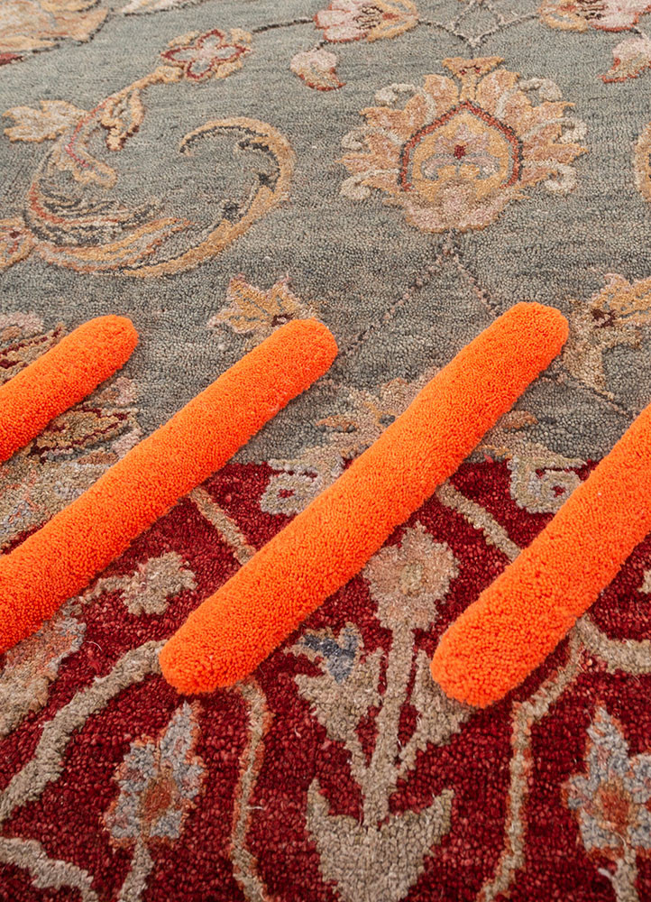 playing with tradition red and orange wool and silk hand knotted Rug - CloseUp