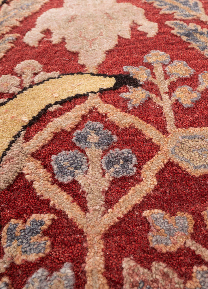 playing with tradition red and orange wool and silk hand knotted Rug - CloseUp