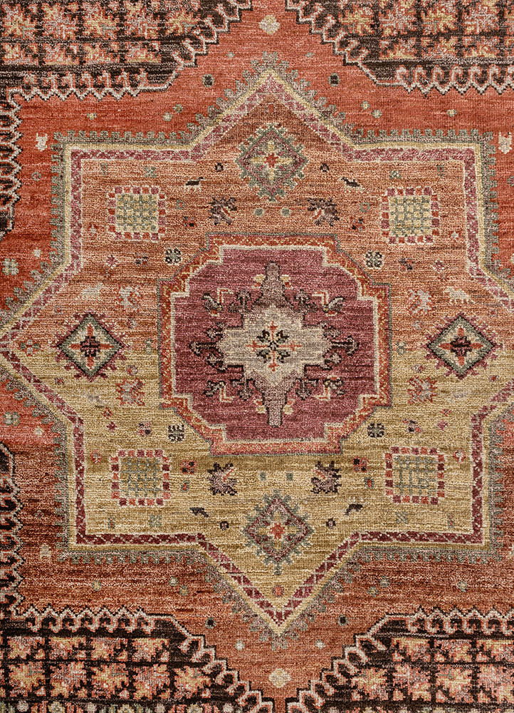 someplace in time red and orange afghan wool hand knotted Rug - CloseUp