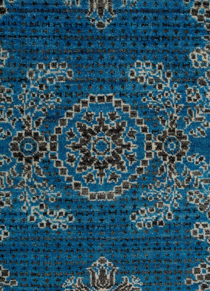 gilded age blue afghan wool hand knotted Rug - CloseUp