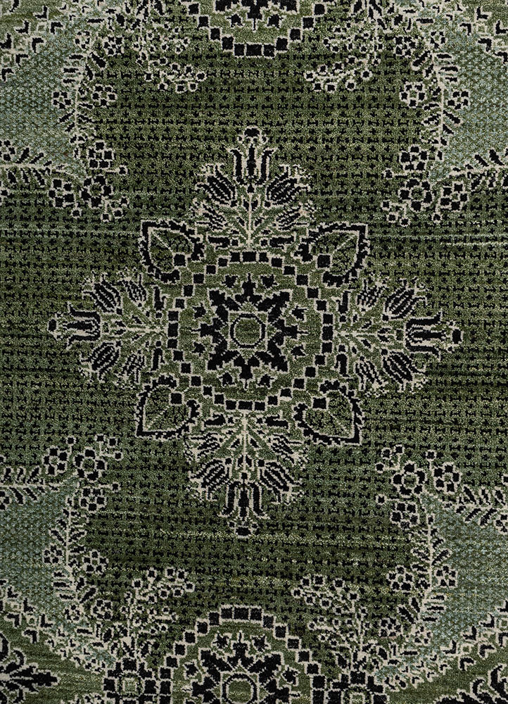 gilded age green afghan wool hand knotted Rug - CloseUp