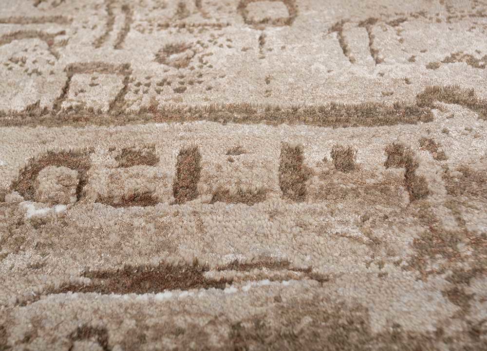 script beige and brown wool and bamboo silk hand knotted Rug - CloseUp script beige and brown wool and bamboo silk hand knotted Rug - CloseUp