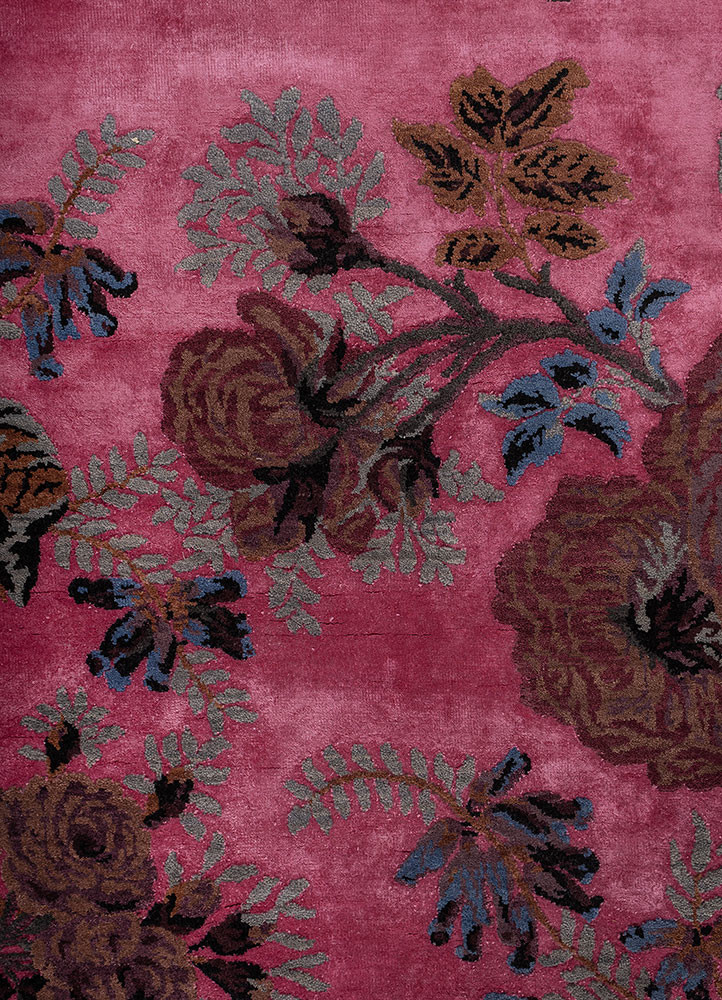 gilded age pink and purple wool and bamboo silk hand knotted Rug - CloseUp gilded age pink and purple wool and bamboo silk hand knotted Rug - CloseUp