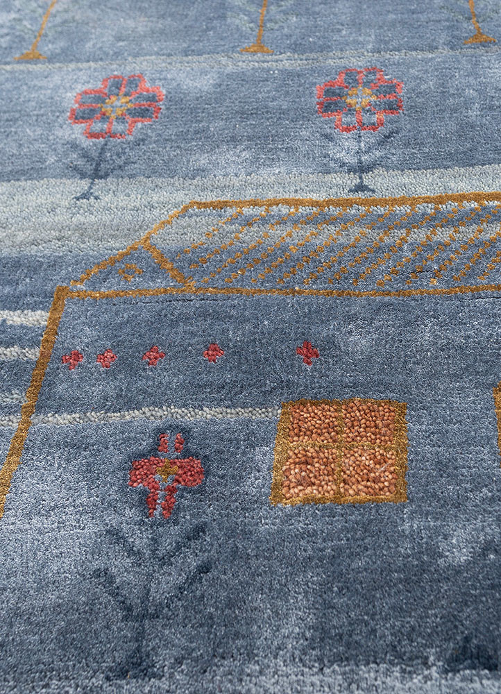 manchaha blue wool and bamboo silk hand knotted Rug - CloseUp