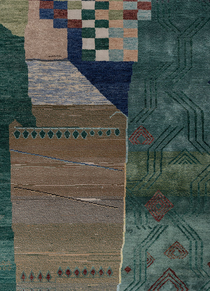 manchaha green wool and bamboo silk hand knotted Rug - CloseUp
