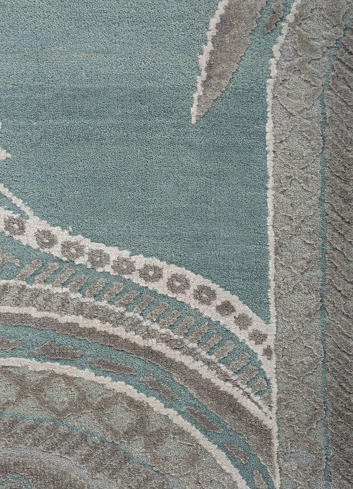 khidki blue wool and bamboo silk hand knotted Rug - CloseUp