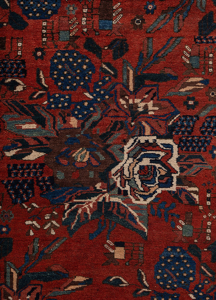 vintage red and orange wool hand knotted Rug - CloseUp