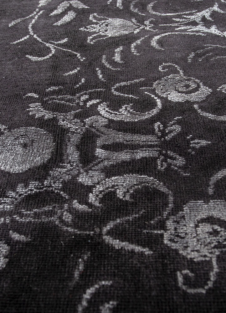 azalea grey and black wool and silk hand knotted Rug - CloseUp