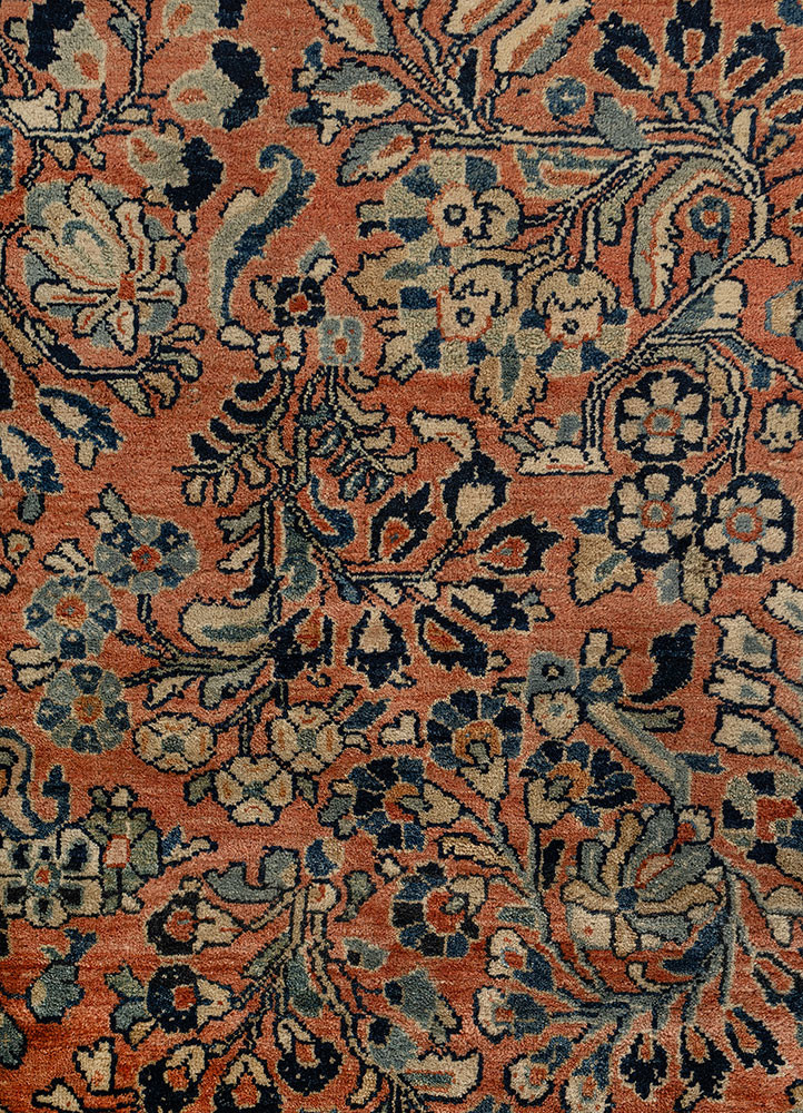 aalam red and orange wool hand knotted Rug - CloseUp