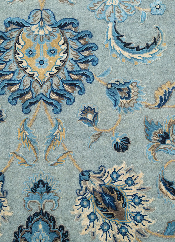 aurora blue wool and silk hand knotted Rug - CloseUp aurora blue wool and silk hand knotted Rug - CloseUp
