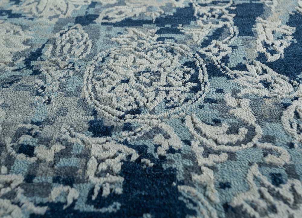 pansy blue wool and silk hand knotted Rug - CloseUp