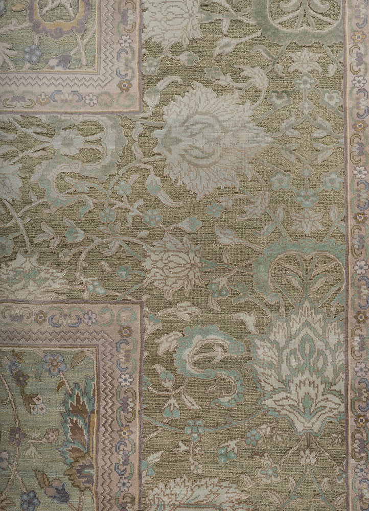 aurora green wool and silk hand knotted Rug - CloseUp