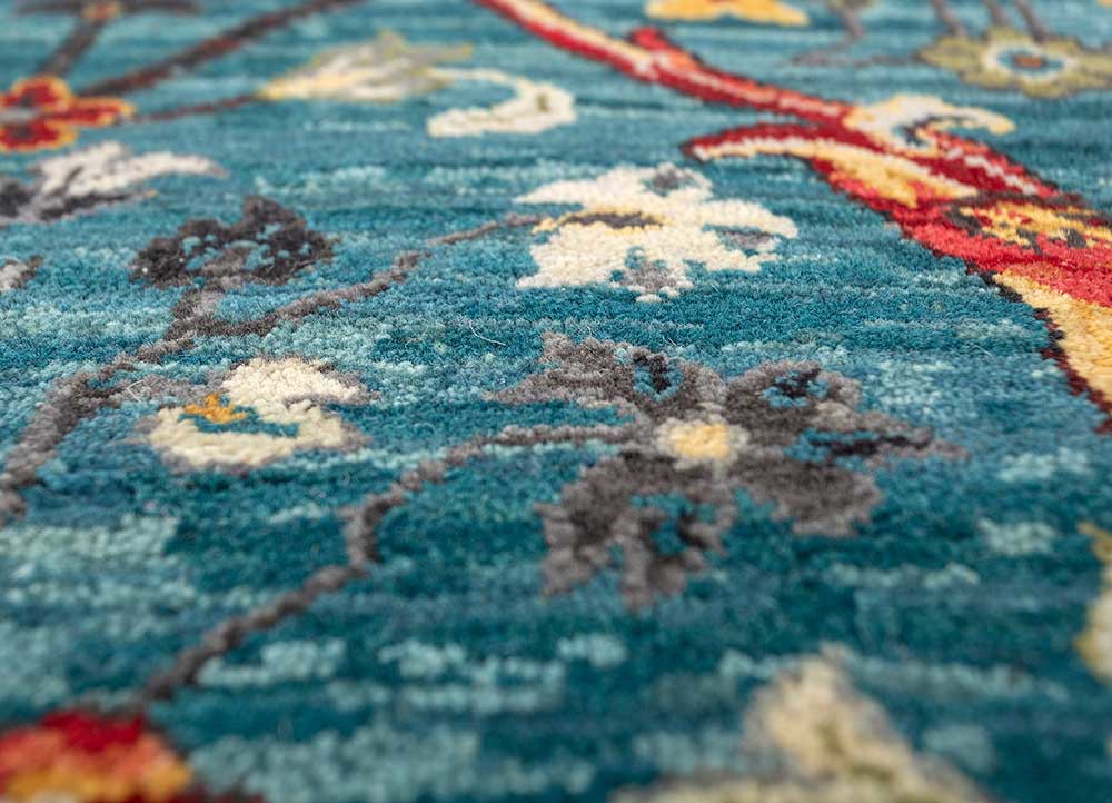 far east blue wool hand knotted Rug - CloseUp