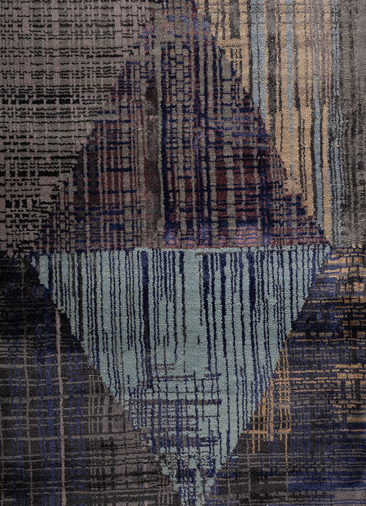 unstring by kavi grey and black wool and bamboo silk hand knotted Rug - CloseUp