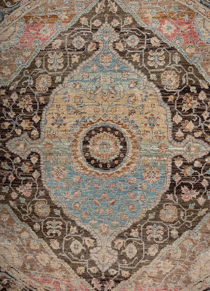 someplace in time beige and brown afghan wool hand knotted Rug - CloseUp