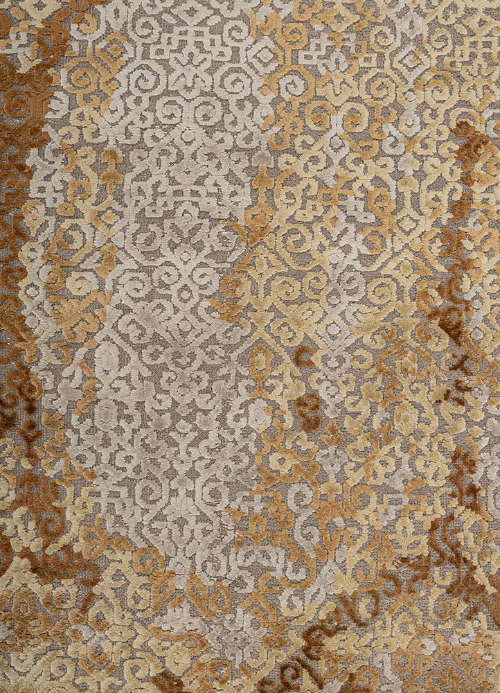 pansy beige and brown wool and silk hand knotted Rug - CloseUp