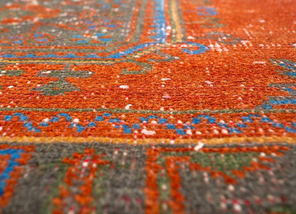 vintage red and orange wool hand knotted Rug - CloseUp