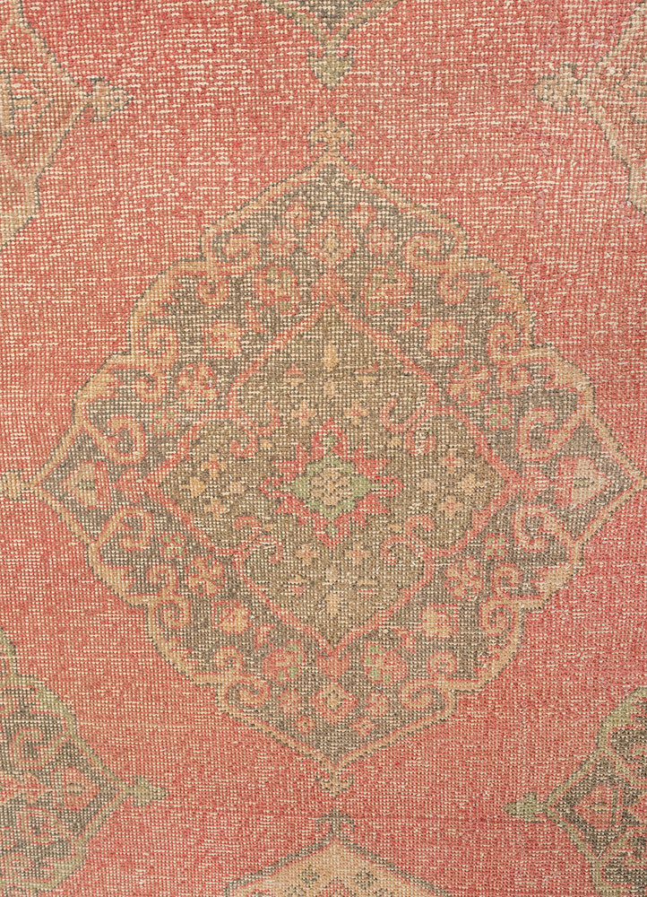 vintage red and orange wool hand knotted Rug - CloseUp