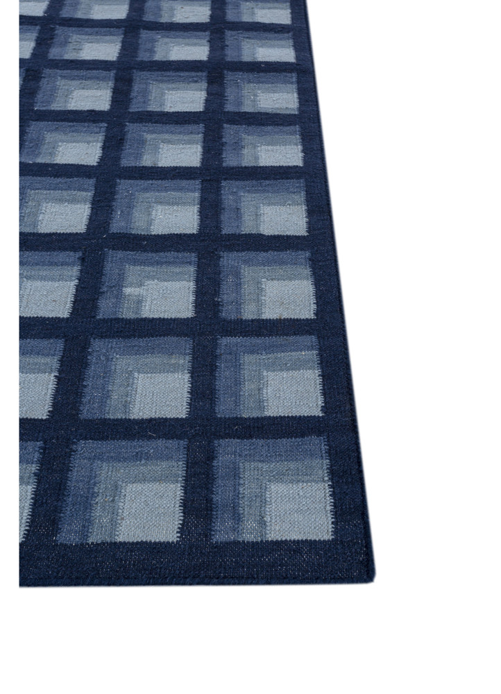checkers blue wool flat weaves Rug - Corner