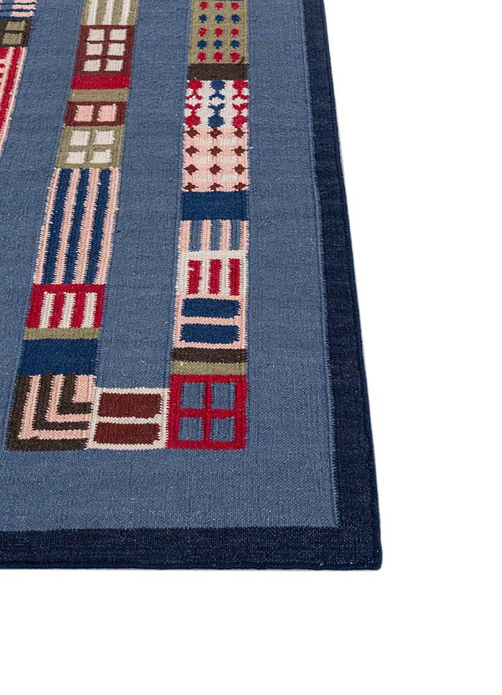 checkers blue wool flat weaves Rug - Corner