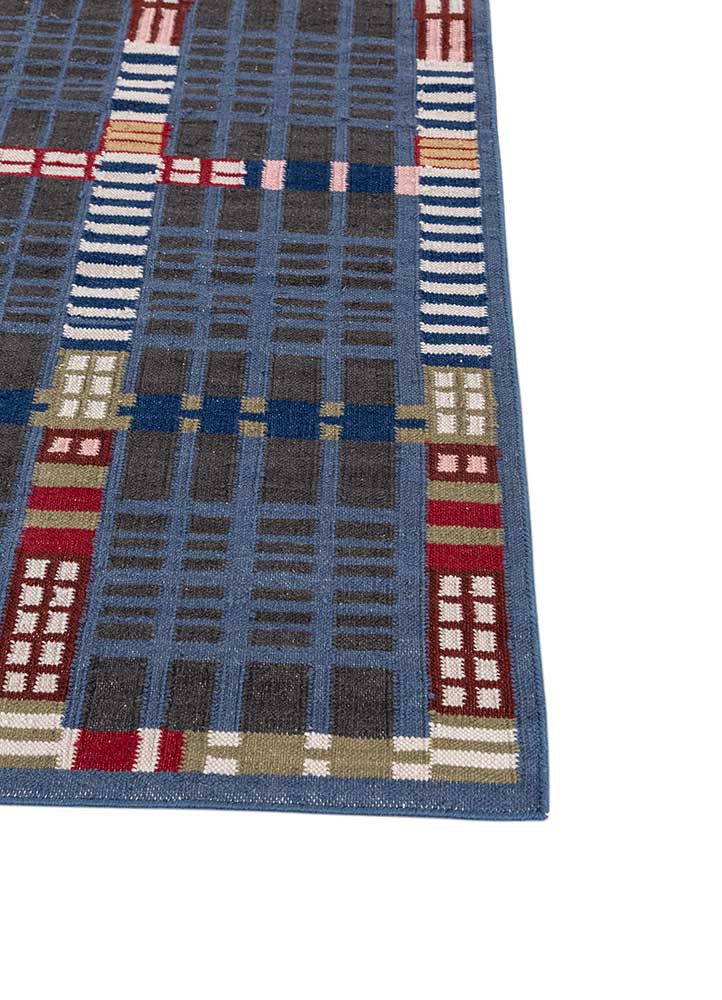 checkers blue wool flat weaves Rug - Corner