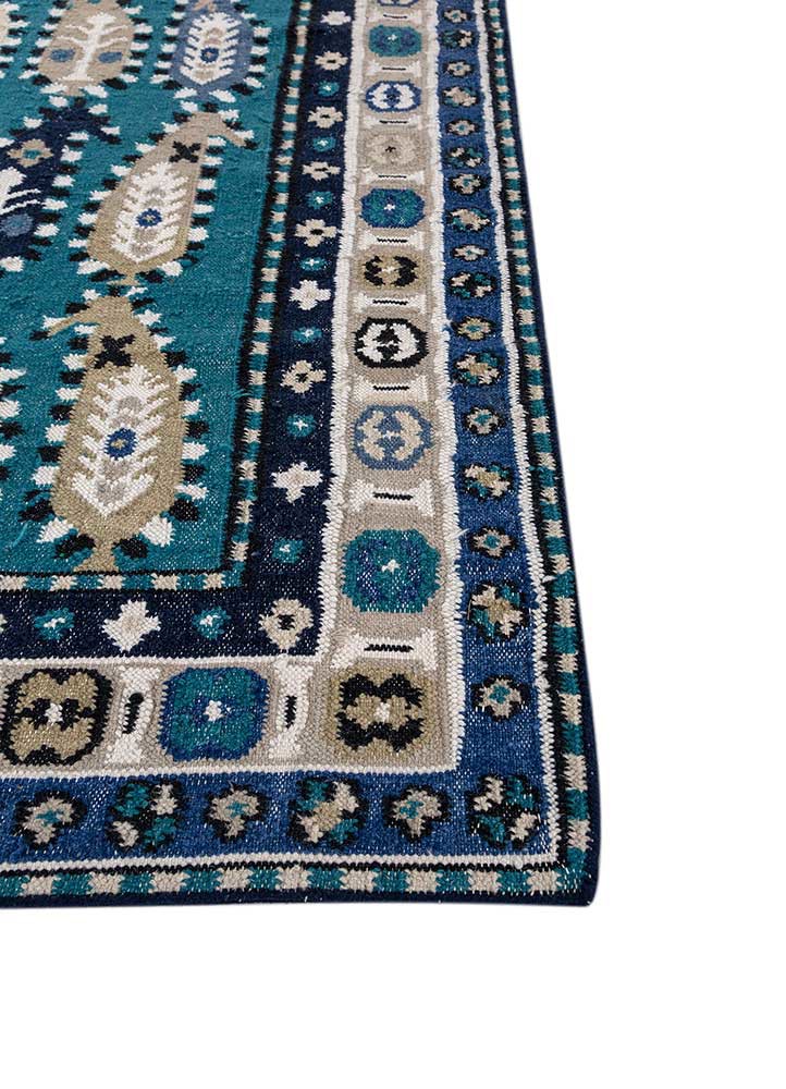 bedouin blue wool flat weaves Rug - Corner
