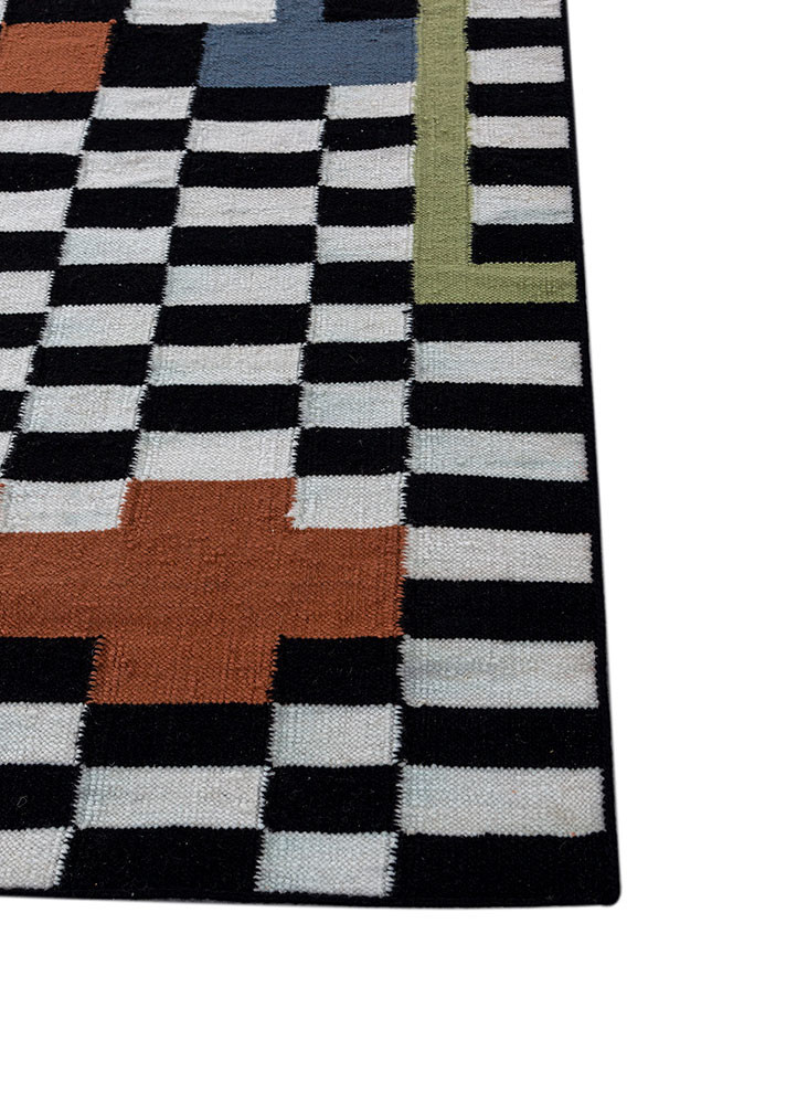 checkers grey and black wool flat weaves Rug - Corner