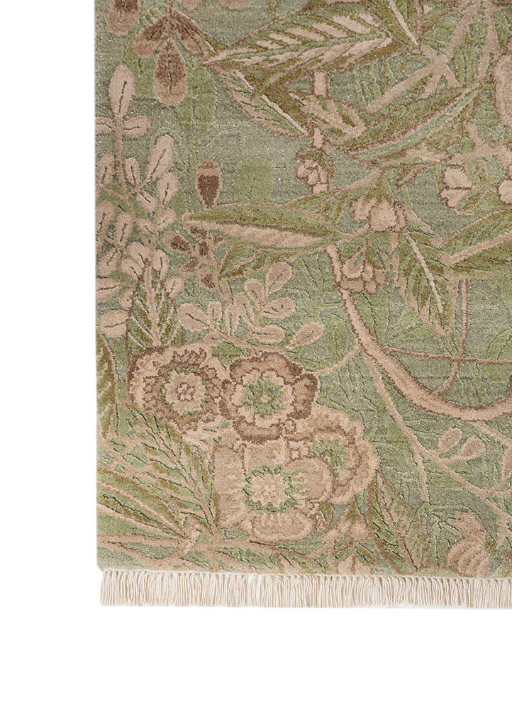 pansy green wool and bamboo silk hand knotted Rug - Corner