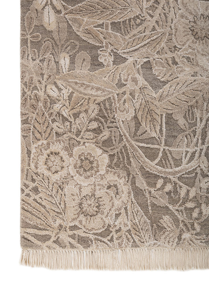 pansy beige and brown wool and bamboo silk hand knotted Rug - Corner