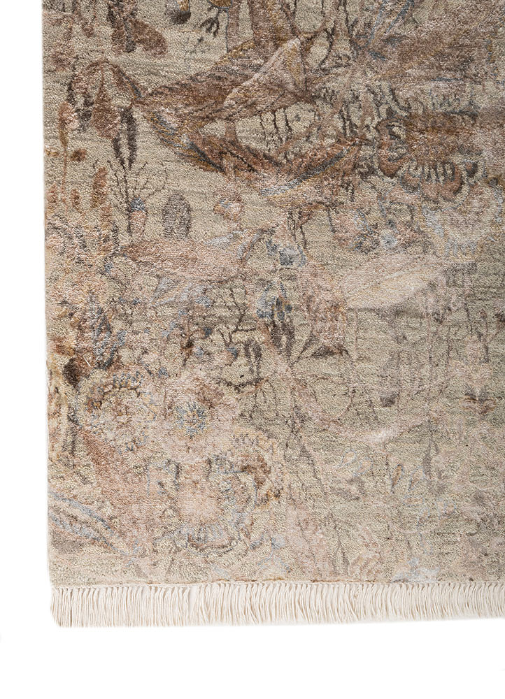 pansy green wool and bamboo silk hand knotted Rug - Corner